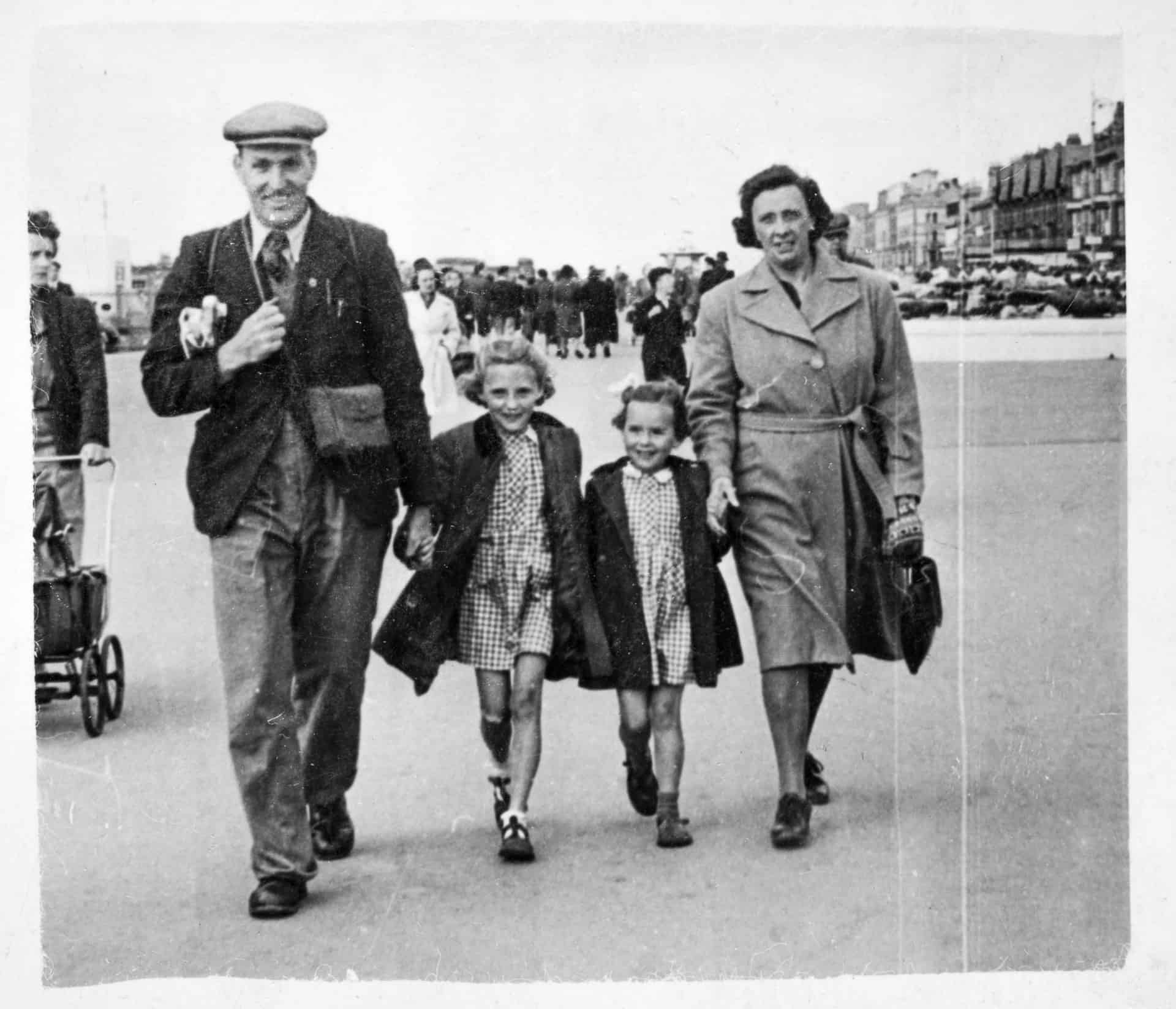 Will King, his daughters Ruth and Christine, and his wife Lucy, in Rhyl, Wales,  late 1940s