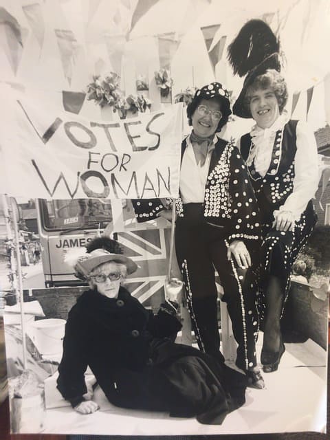 Members of the Brandhall Townswomen's Guild on board a float dressed in a 'London' theme at Smethwick Carnival, late 1970s.