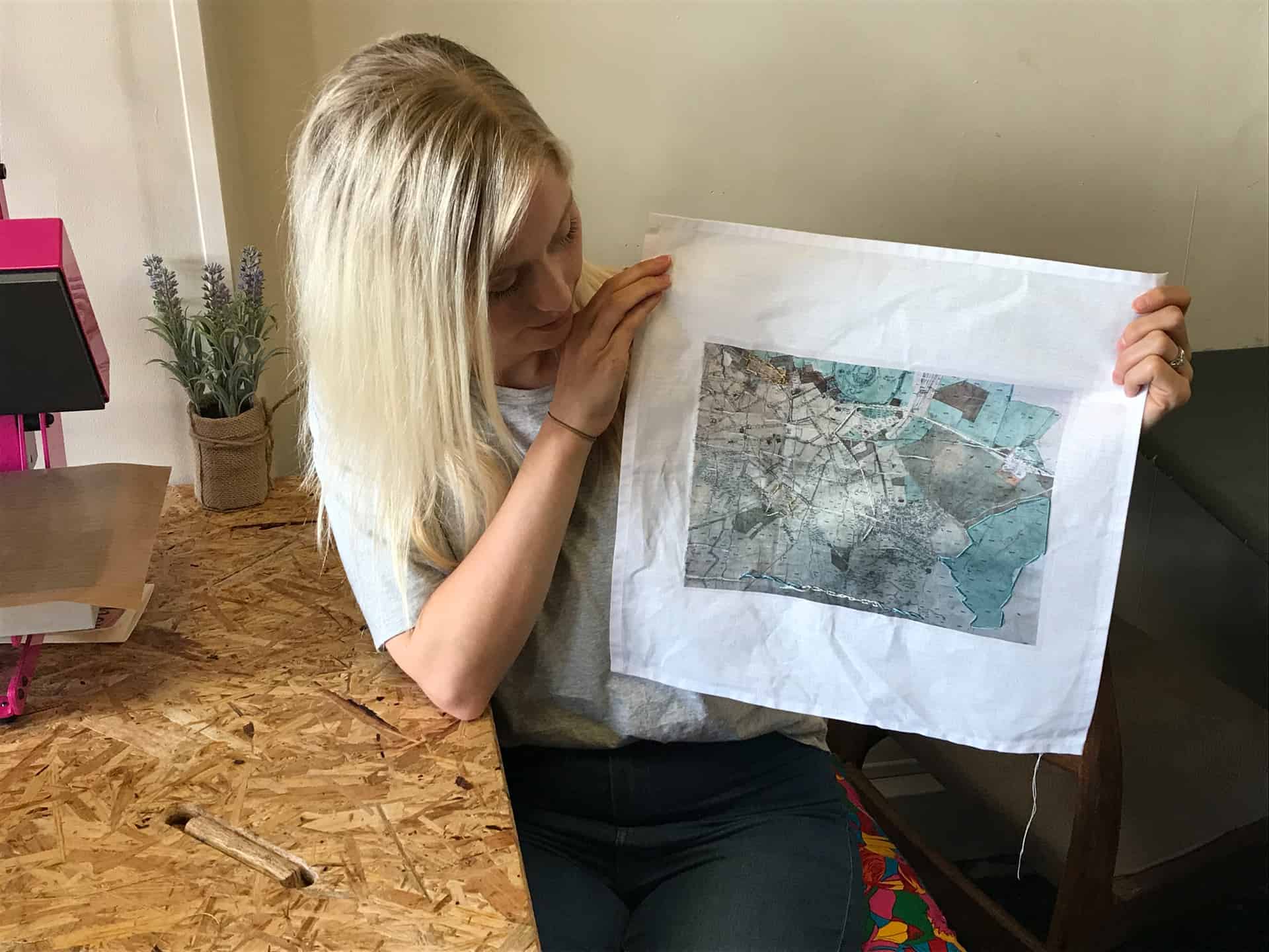 Janes printed fabric showing old maps of Dudley.  Her stitches highlight the areas she knows. 