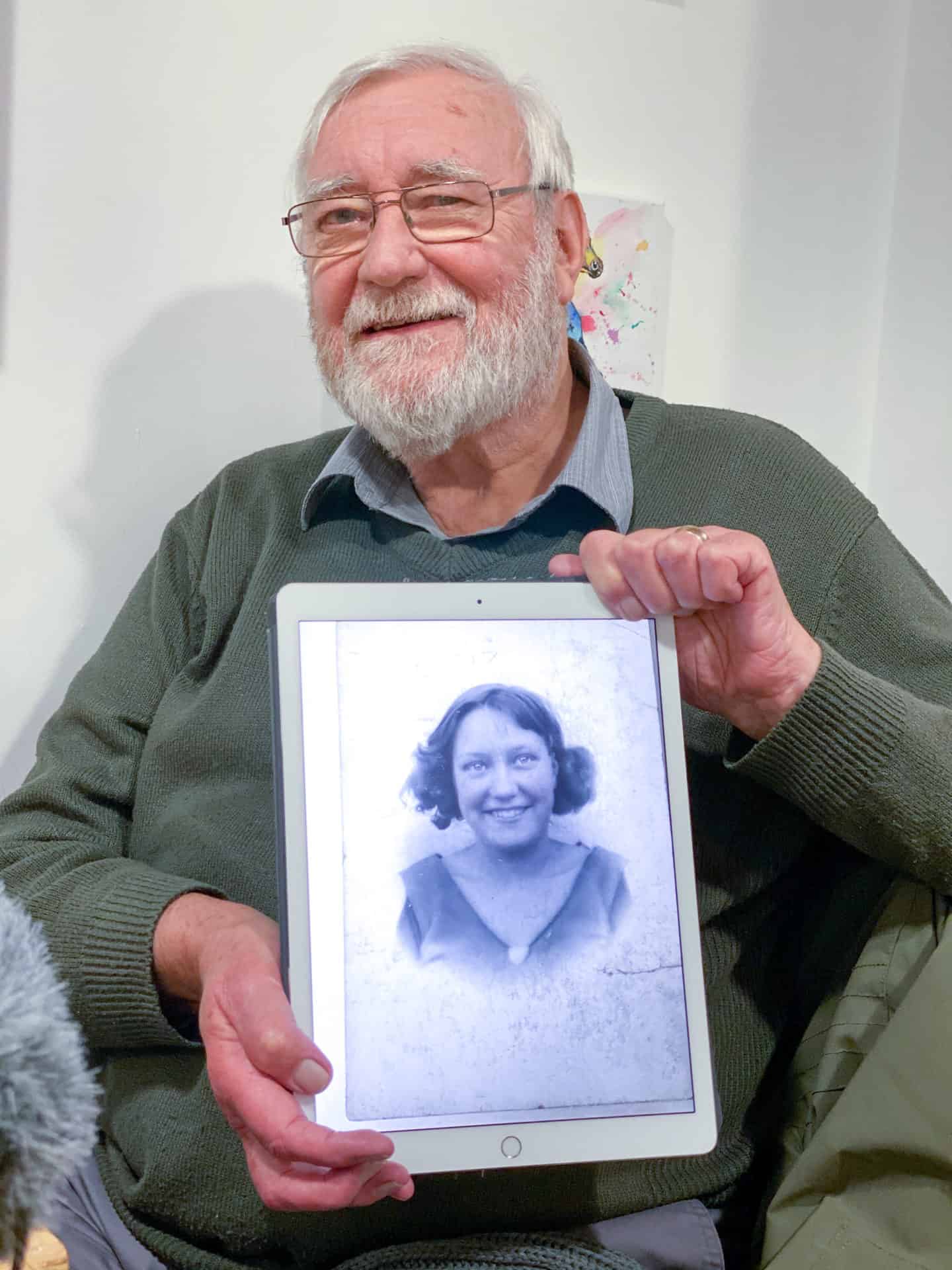 My dad with a photo of his mom Rose at Gather café Dudley 2019