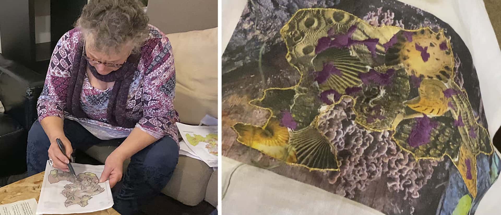 Kim with her embroidery collage of Dudley maps and fossils 2020