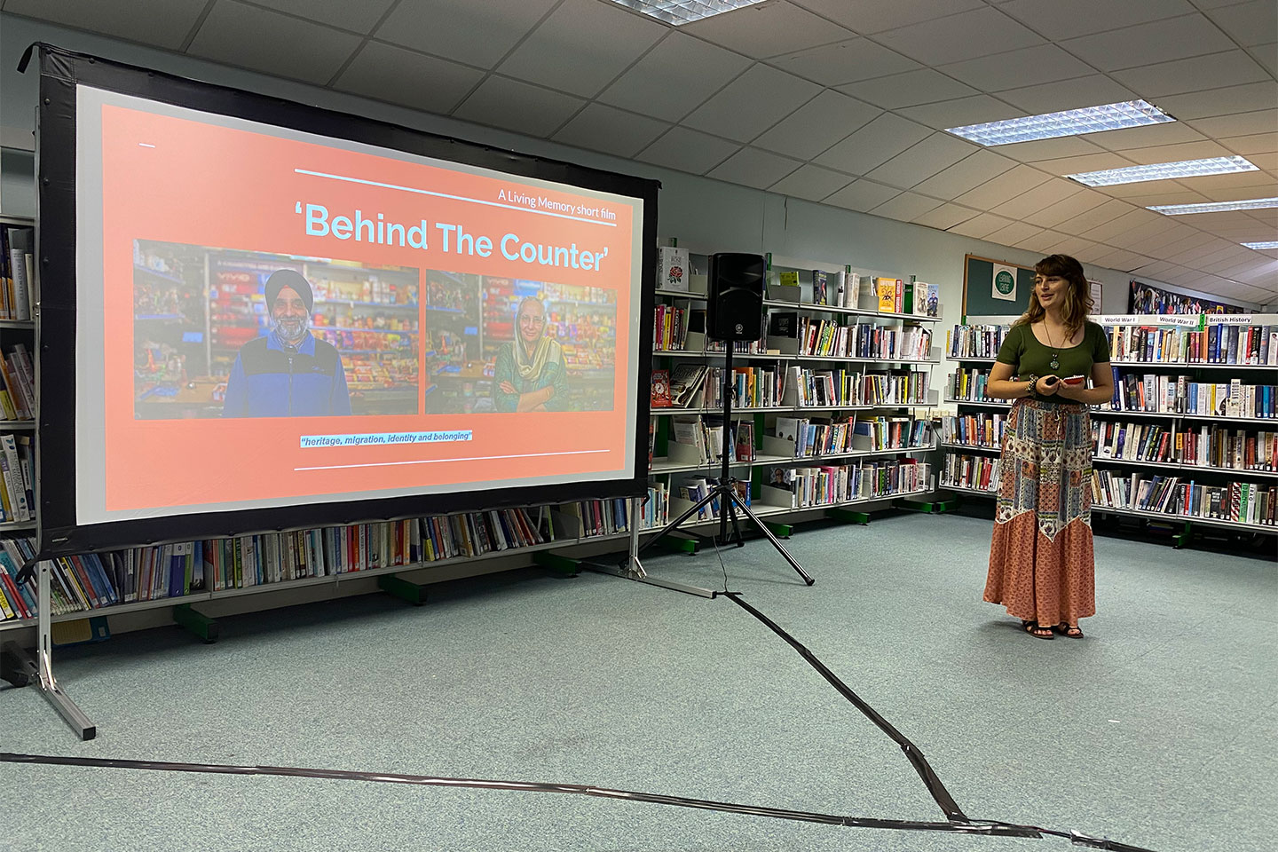 Lauren Hatchard giving a presentation about her film at Tipton Library, July 2022